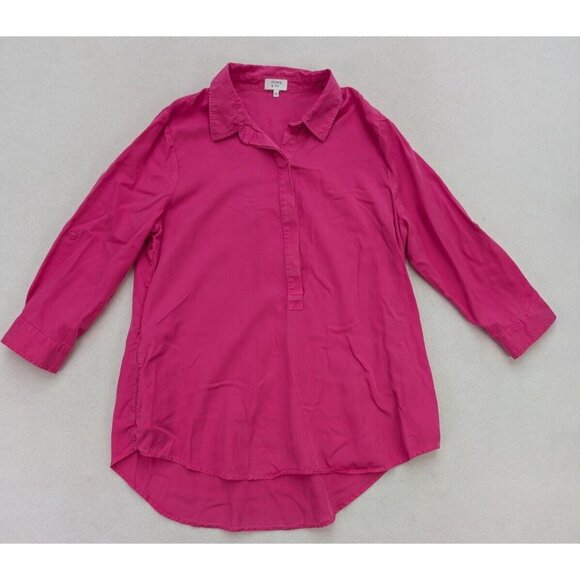 Crown & Ivy Women's Top Size L Pink 3/4 Sleeve Tunic Half Button-Up - Picture 2 of 13